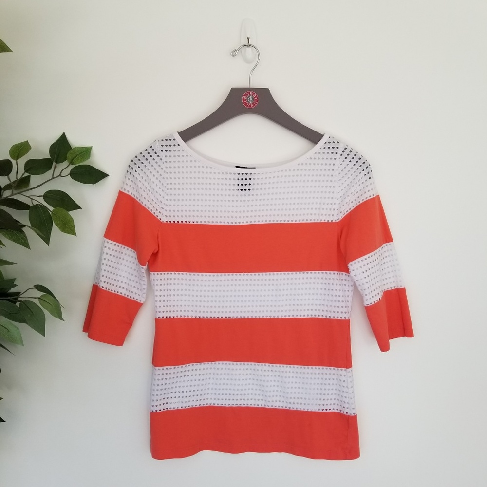 Ann Taylor Striped Eyelet 3/4 Sleeve Top